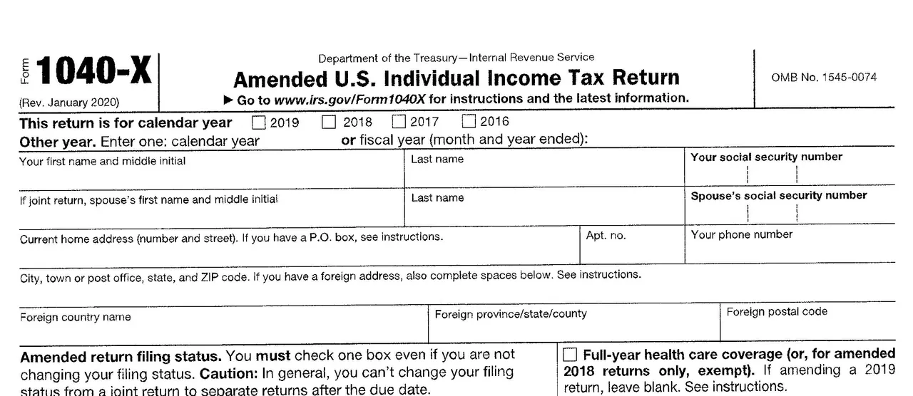 Top half of IRS 1040x amended tax return form